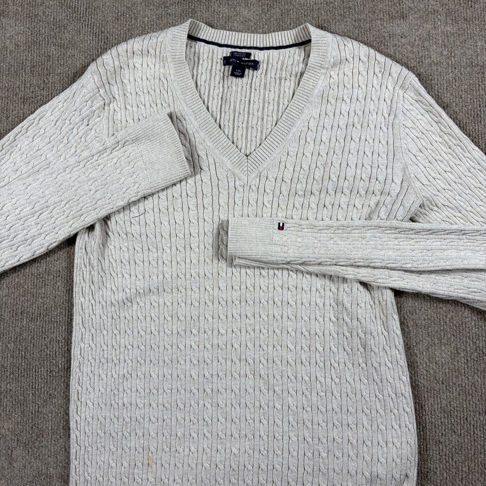 Tommy Hilfiger Sweater Womens Long Sleeve V Neck Cable Knit Size L Pima Cotton